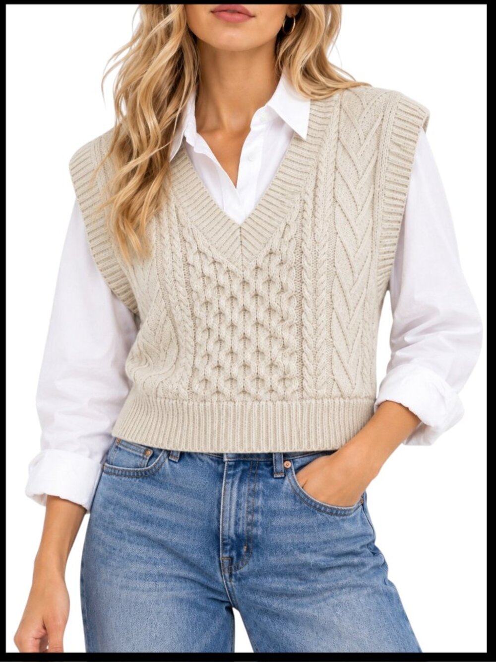 Aritzia Babaton Emporia Sweater Vest Cream Merino Wool Cable Knit M